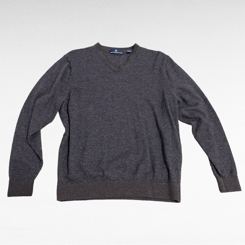 Hart Schaffner Marx | Brown Blue Extra Fine Merino Wool Preppy V-Neck Sweater - Picture 4 of 5